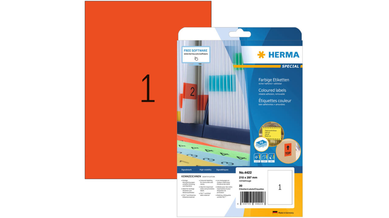 Etiket HERMA 4422 210x297mm A4 verwijderbaar rood 20stuks