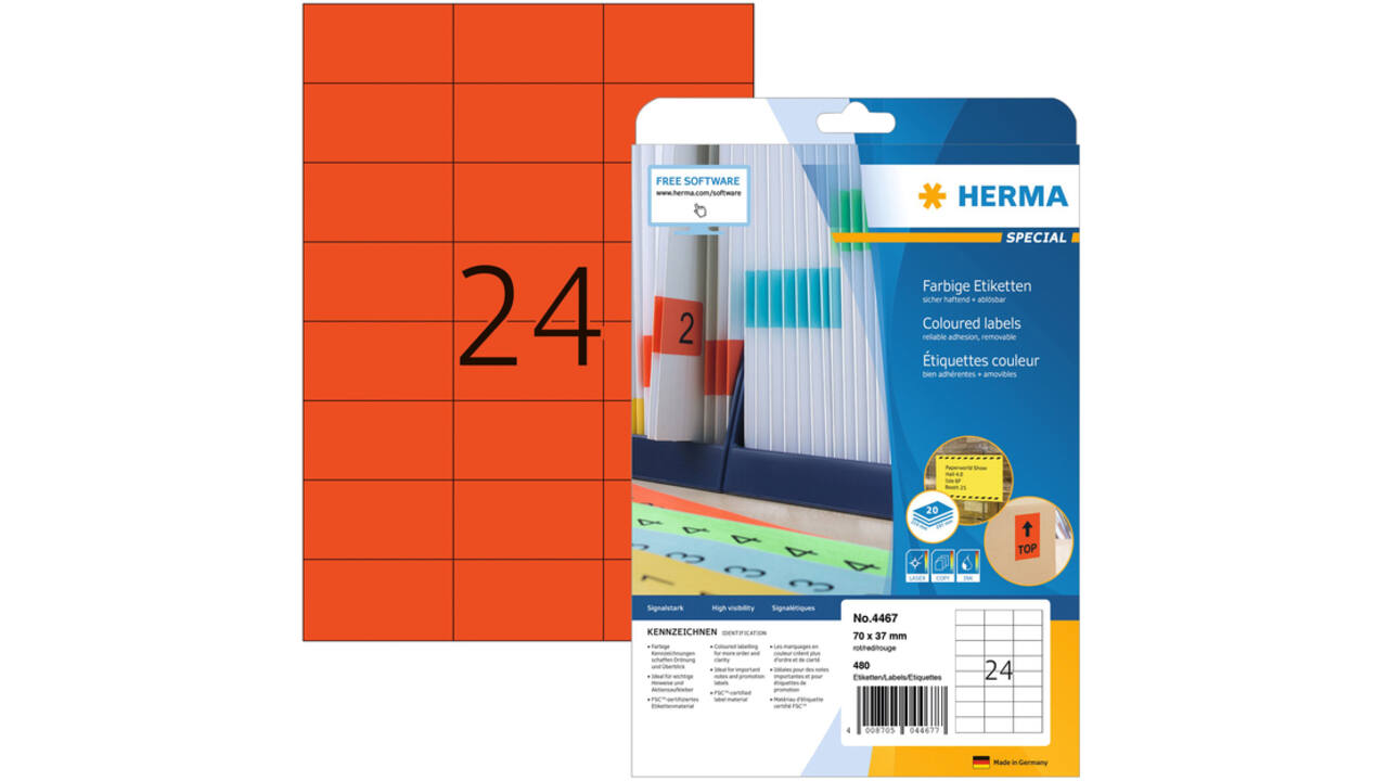 Etiket HERMA 4467 70x37mm verwijderbaar rood 480stuks