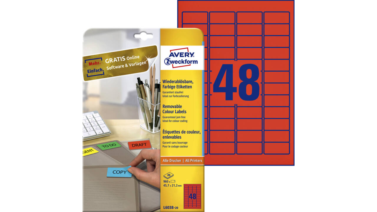 Etiket Avery Zweckform L6038-20 45.7x21.2mm rood 960stuks
