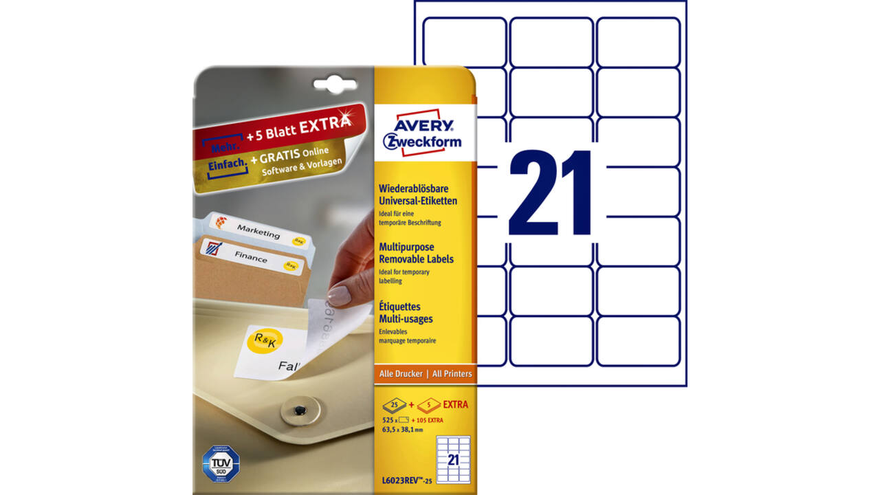 Etiket Avery Zweckform L6023REV-25 63.5x38.1mm afneembaar wit 525stuks