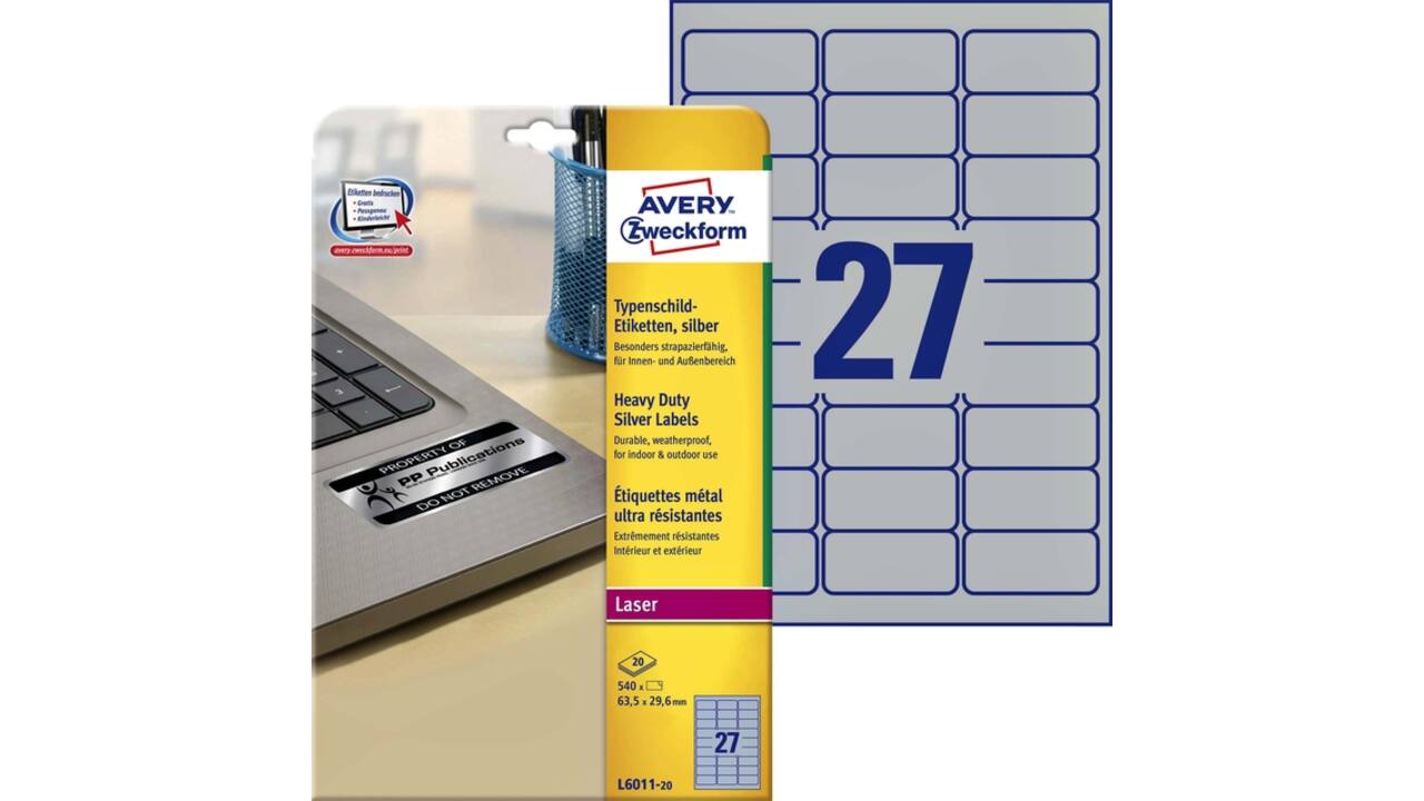 Etiket Avery L6011-20 63.5x29.6mm zilver 540stuk