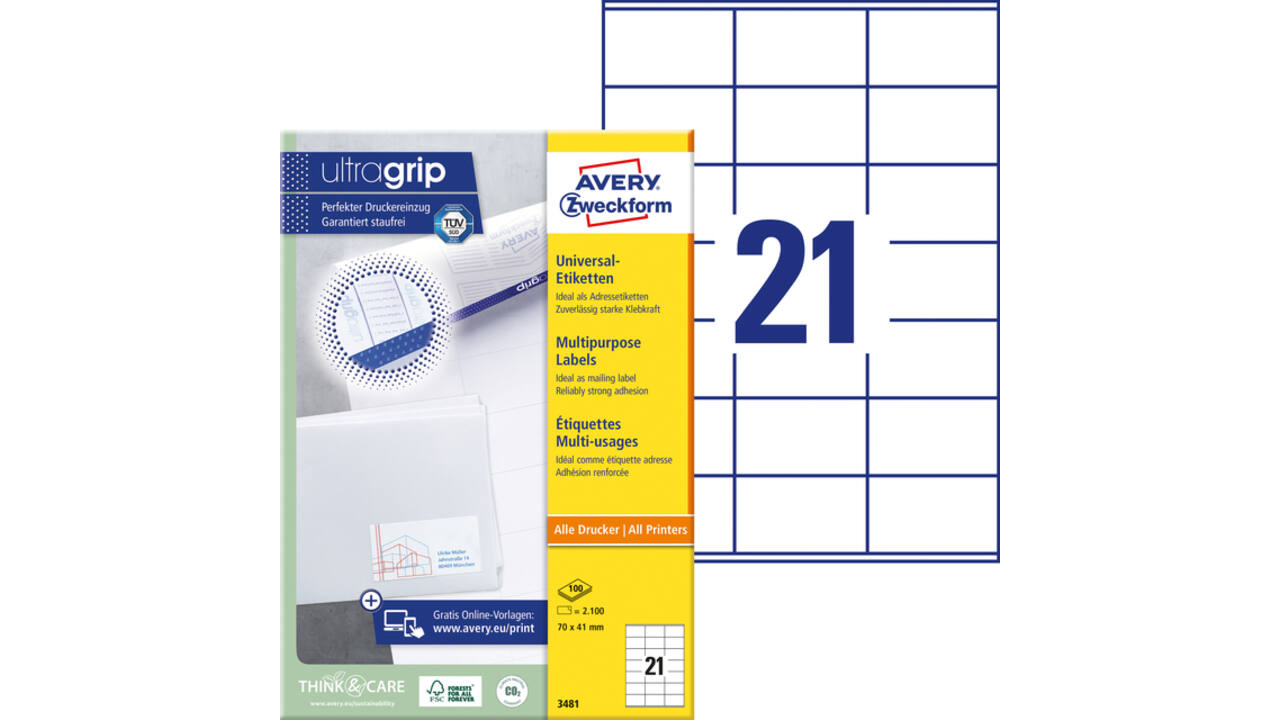 Etiket Avery Zweckform 3481 70x41mm wit 2100stuks