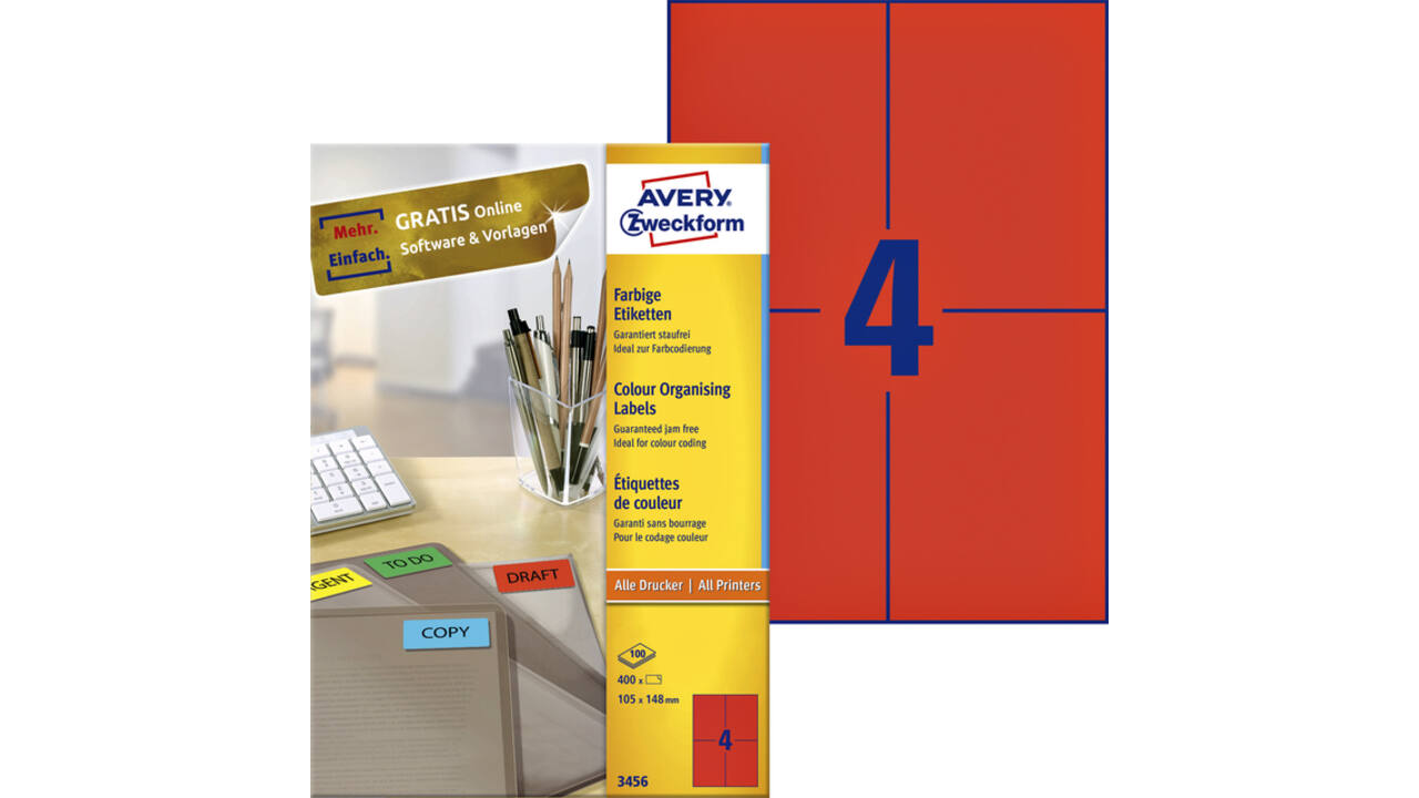 Etiket Avery Zweckform 3456 105x148mm A6 rood 400stuks