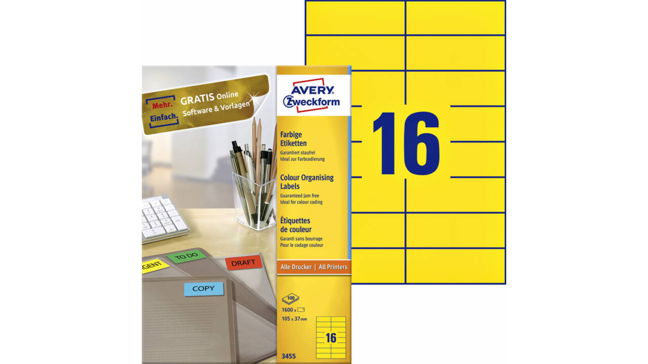 Etiket Avery Zweckform 3455 105x37mm geel 1600stuks