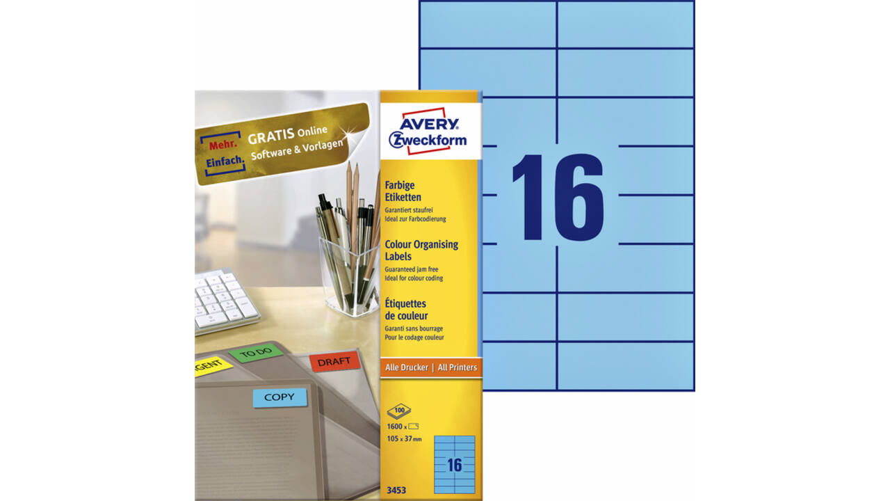 Etiket Avery Zweckform 3453 105x37mm blauw 1600stuks
