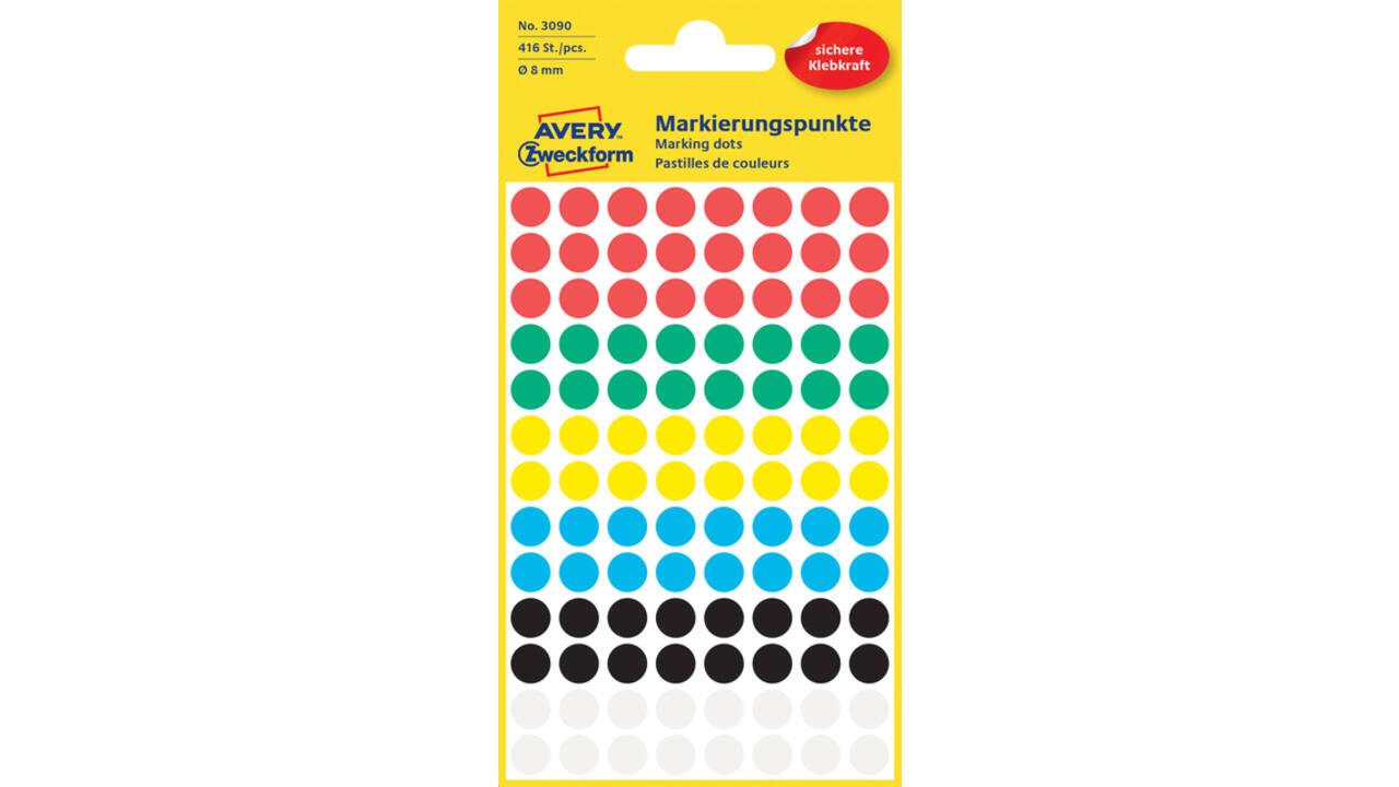 Etiket Avery Zweckform 3090 rond 8mm assorti 416stuks