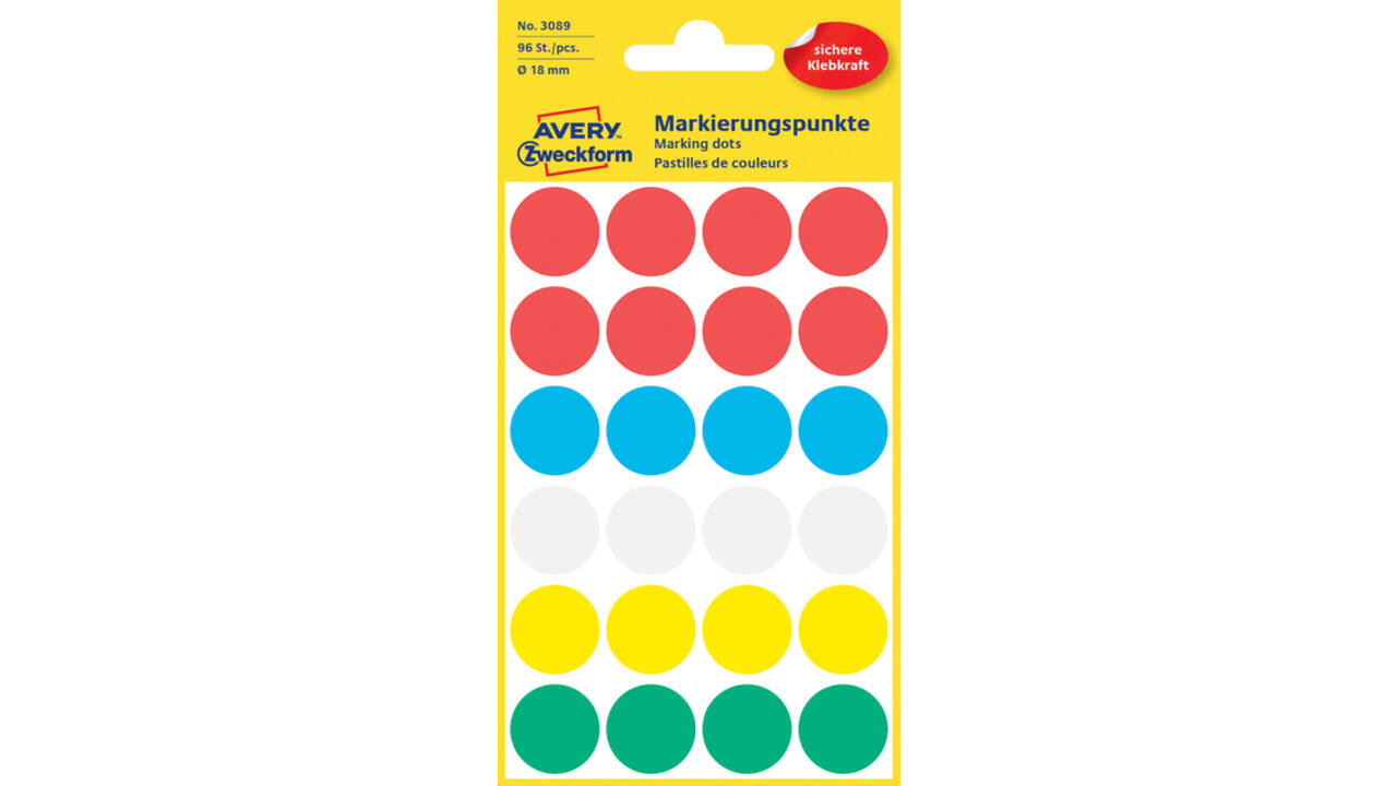 Etiket Avery Zweckform 3089 rond 18mm assorti 96stuks