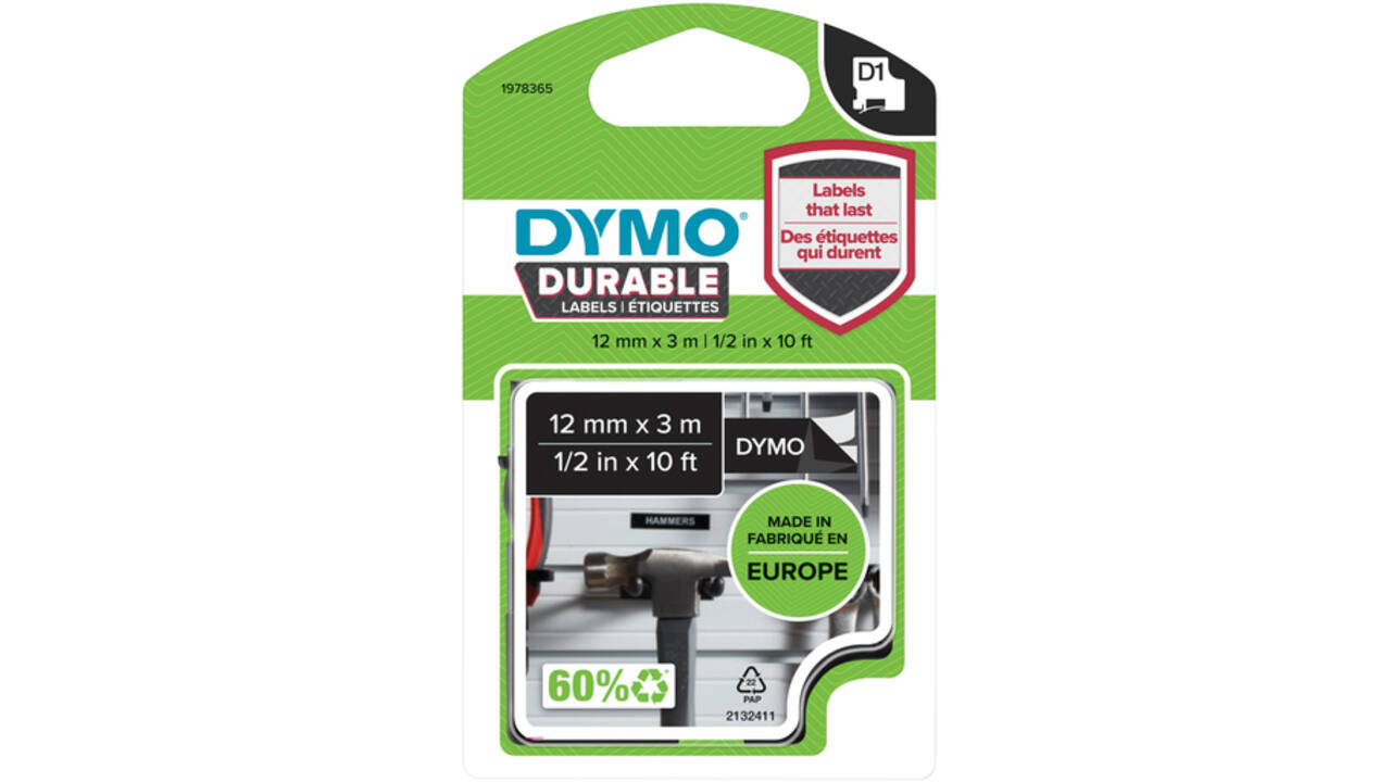Labeltape Dymo LabelManager D1 polyester 12mm wit op zwart