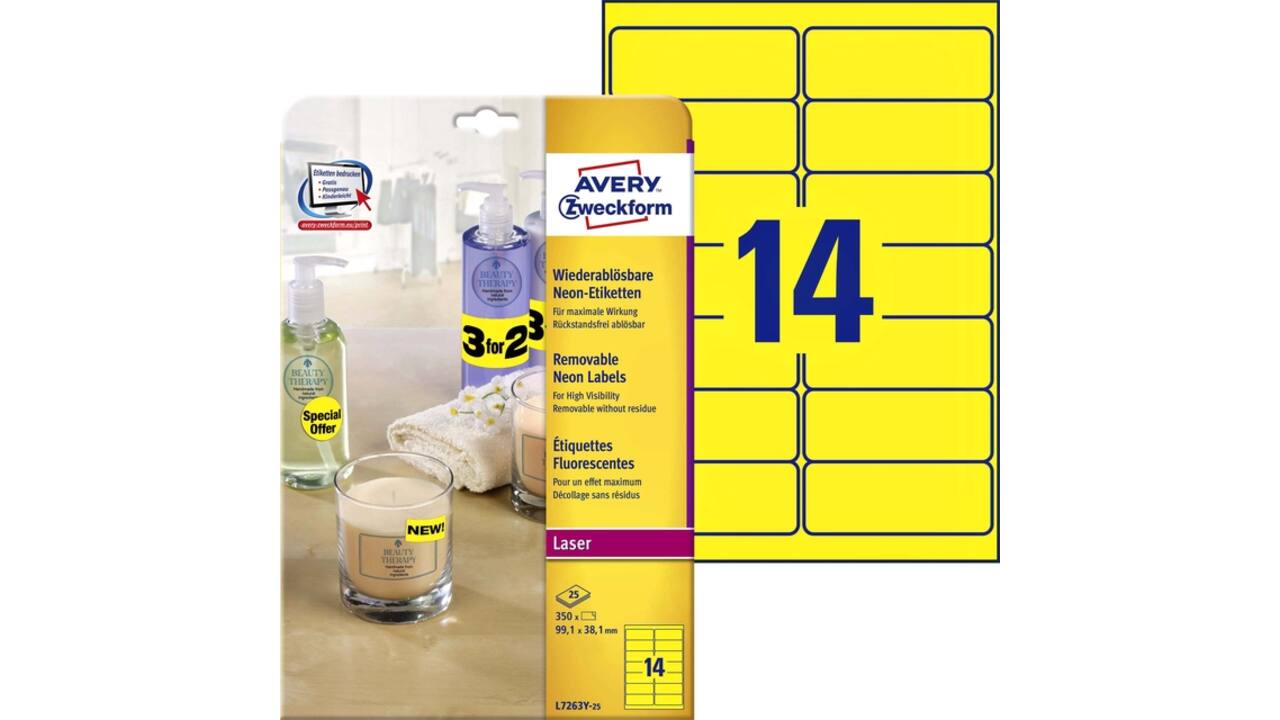 Etiket Avery L7263Y-25 99.1x38.1mm neon geel 350stuks