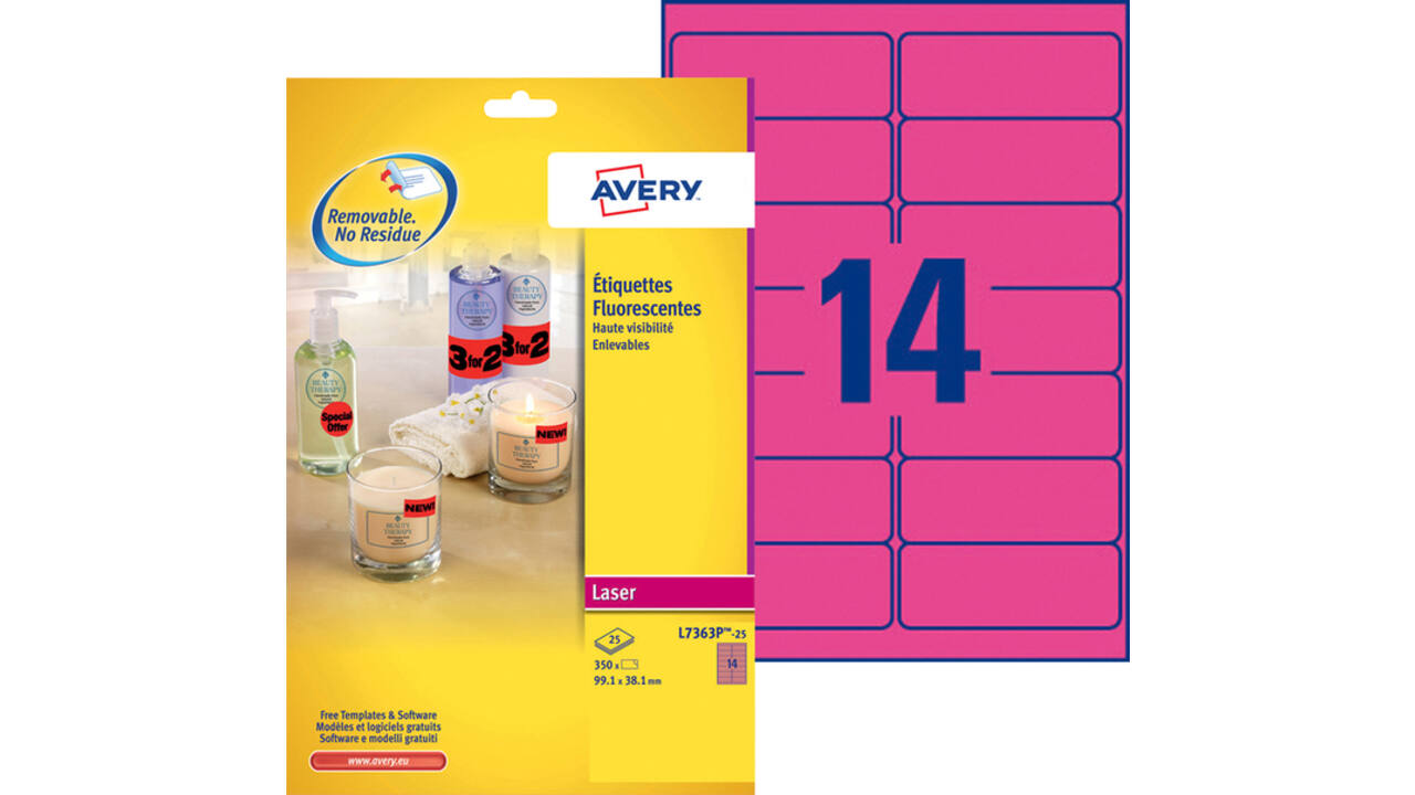 Etiket Avery L7363P-25 99.1x38.1mm neon roze 340stuks