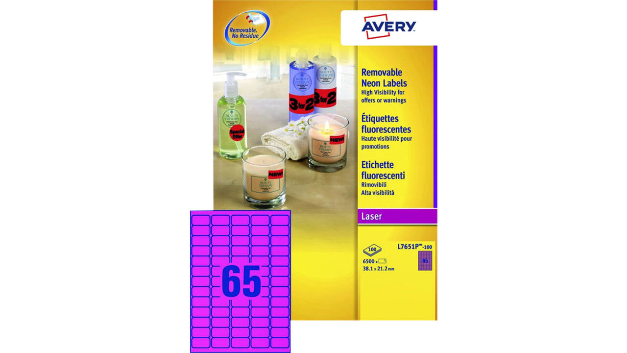 Etiket Avery L7651PF-100 38.1x21.2mm neon roze 6500stuks