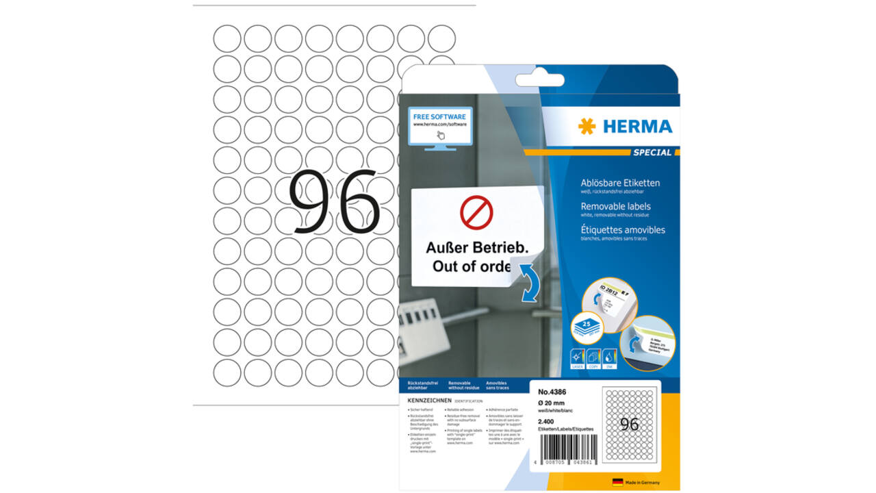 Etiket HERMA 4386 rond 20mm verwijderbaar wit 2400st