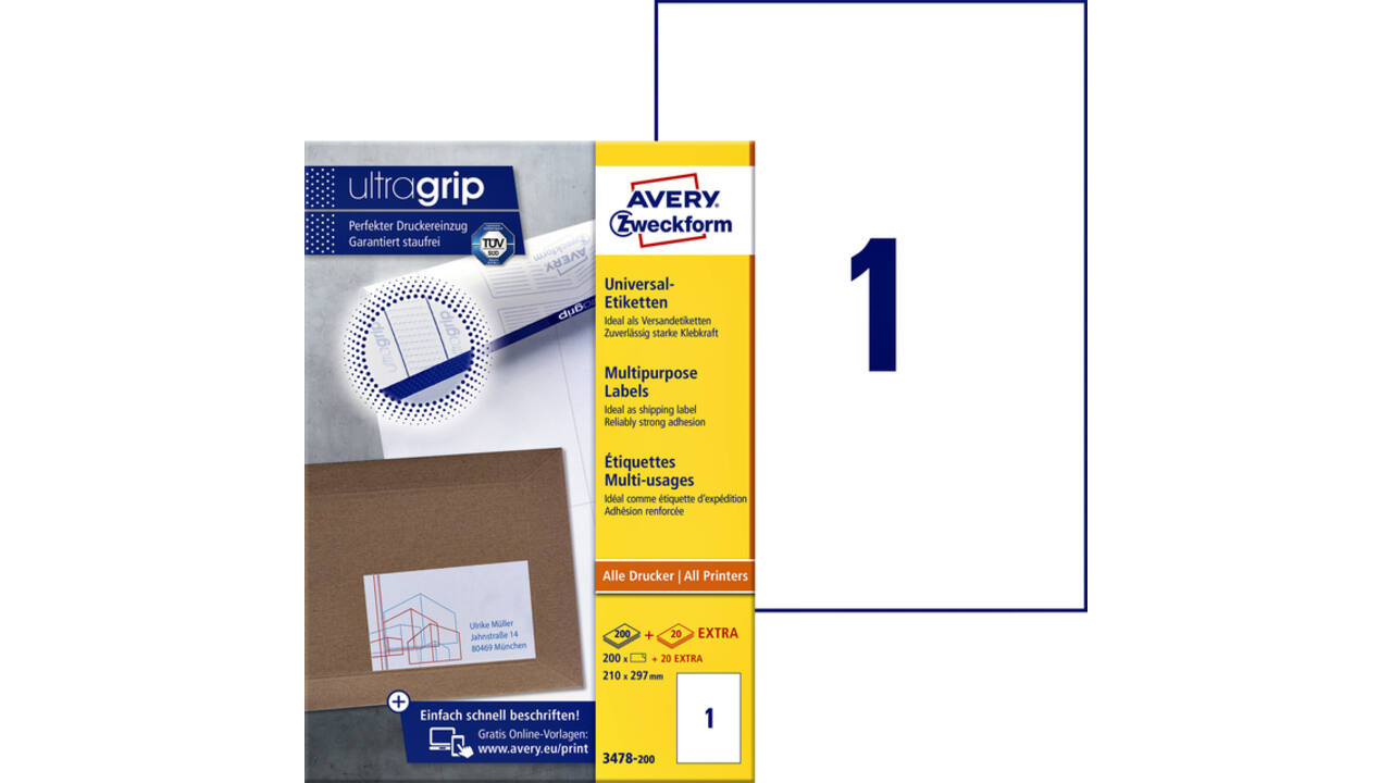 Etiket Avery Zweckform 3478-200 210x297mm A4 wit 200stuks