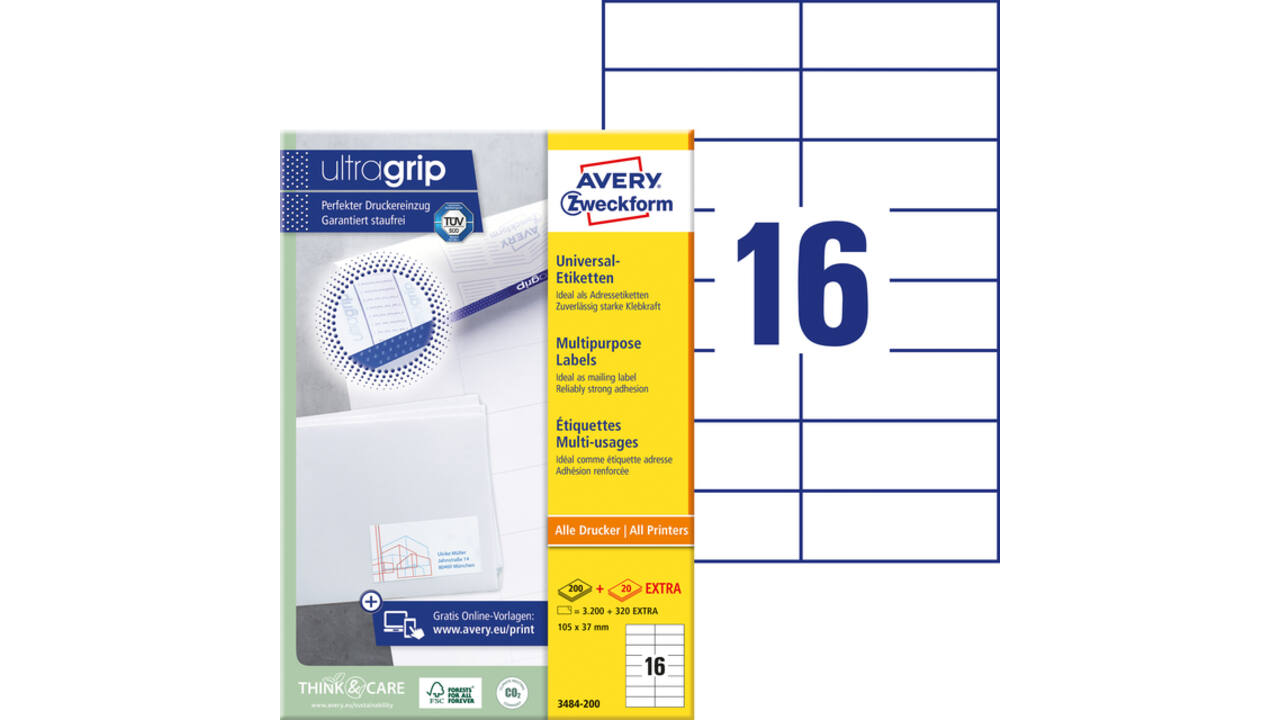 Etiket Avery Zweckform 3484-200 105x37mm wit 3200stuks