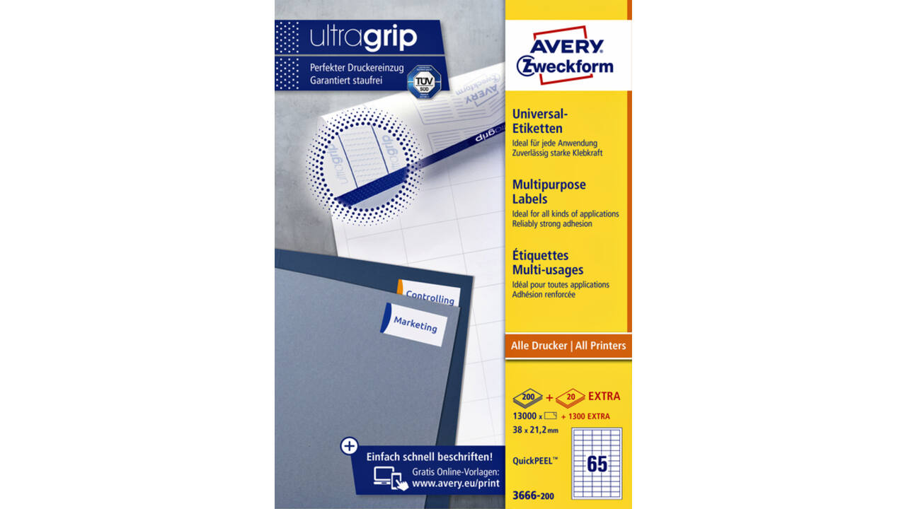 Etiket Avery Zweckform 3666-200 38x21.2mm wit 13000stuks