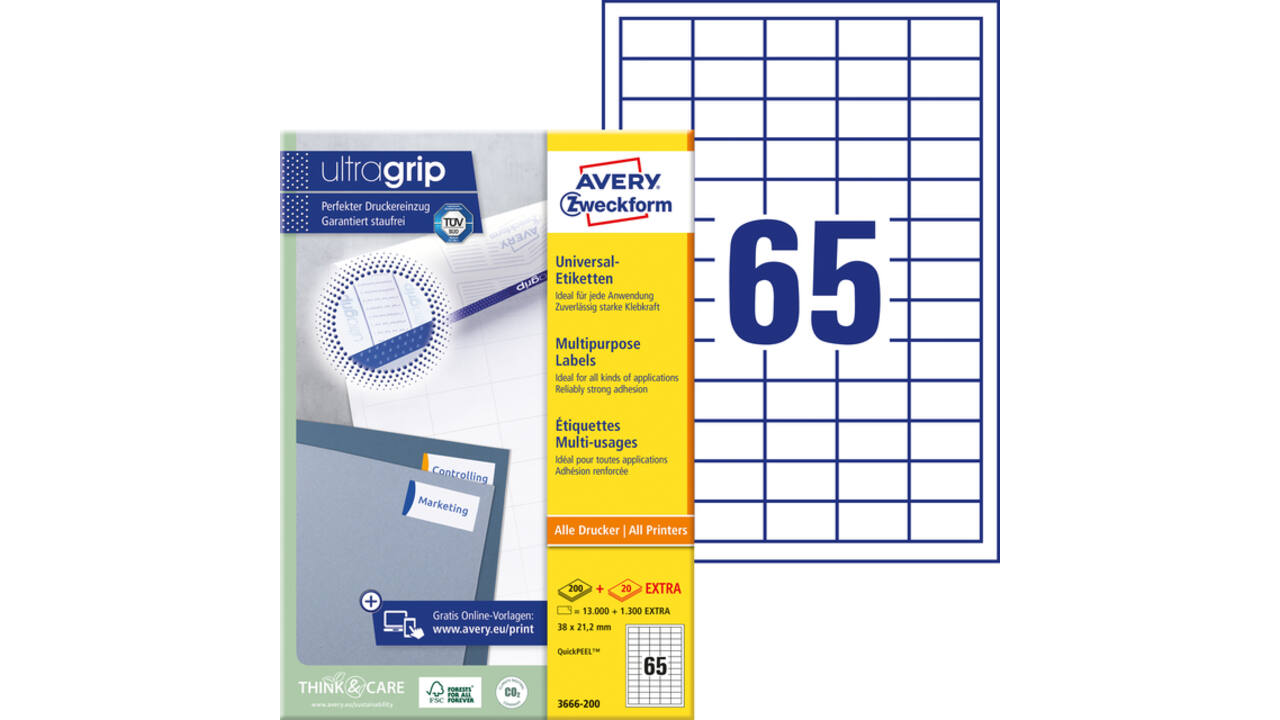 Etiket Avery Zweckform 3666-200 38x21.2mm wit 13000stuks