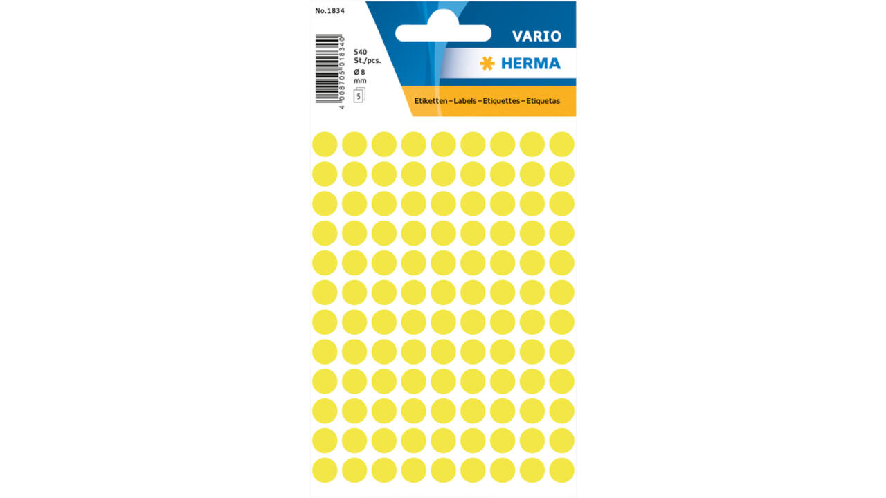 Etiket HERMA 1834 rond 8mm fluor geel 540stuks