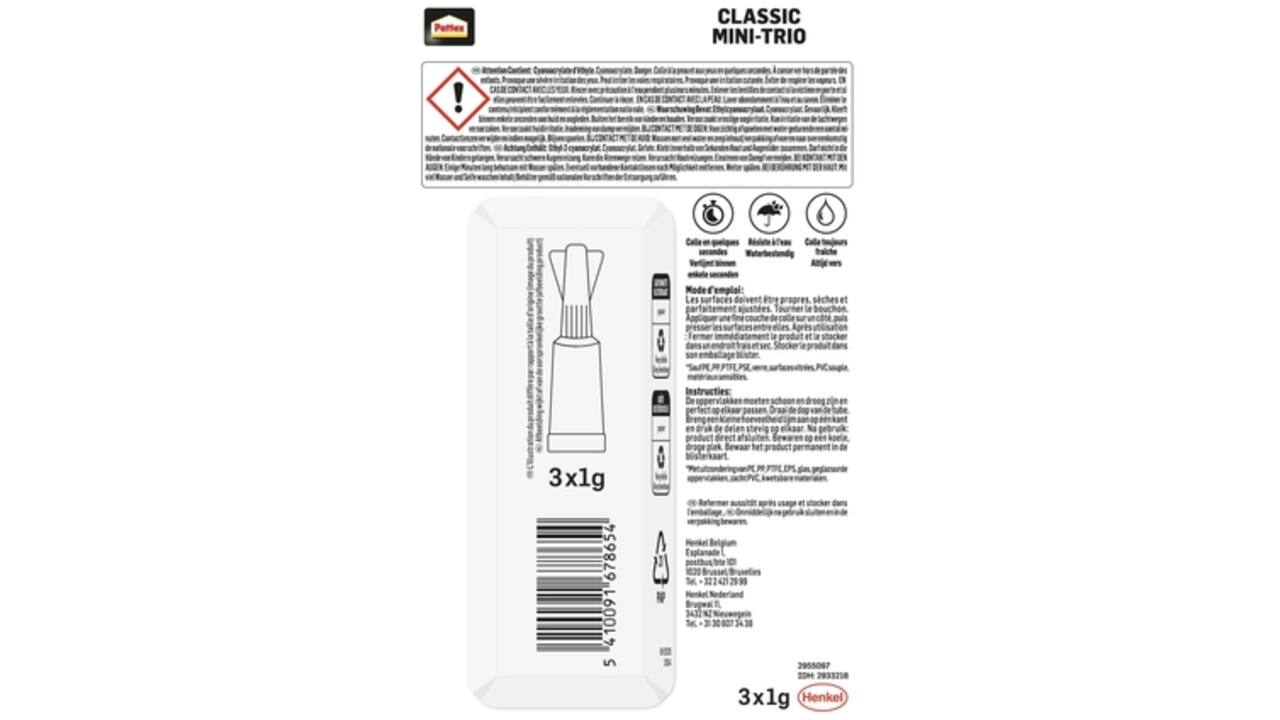 Secondelijm Pattex Classic mini trio tube 3x1gram op blister