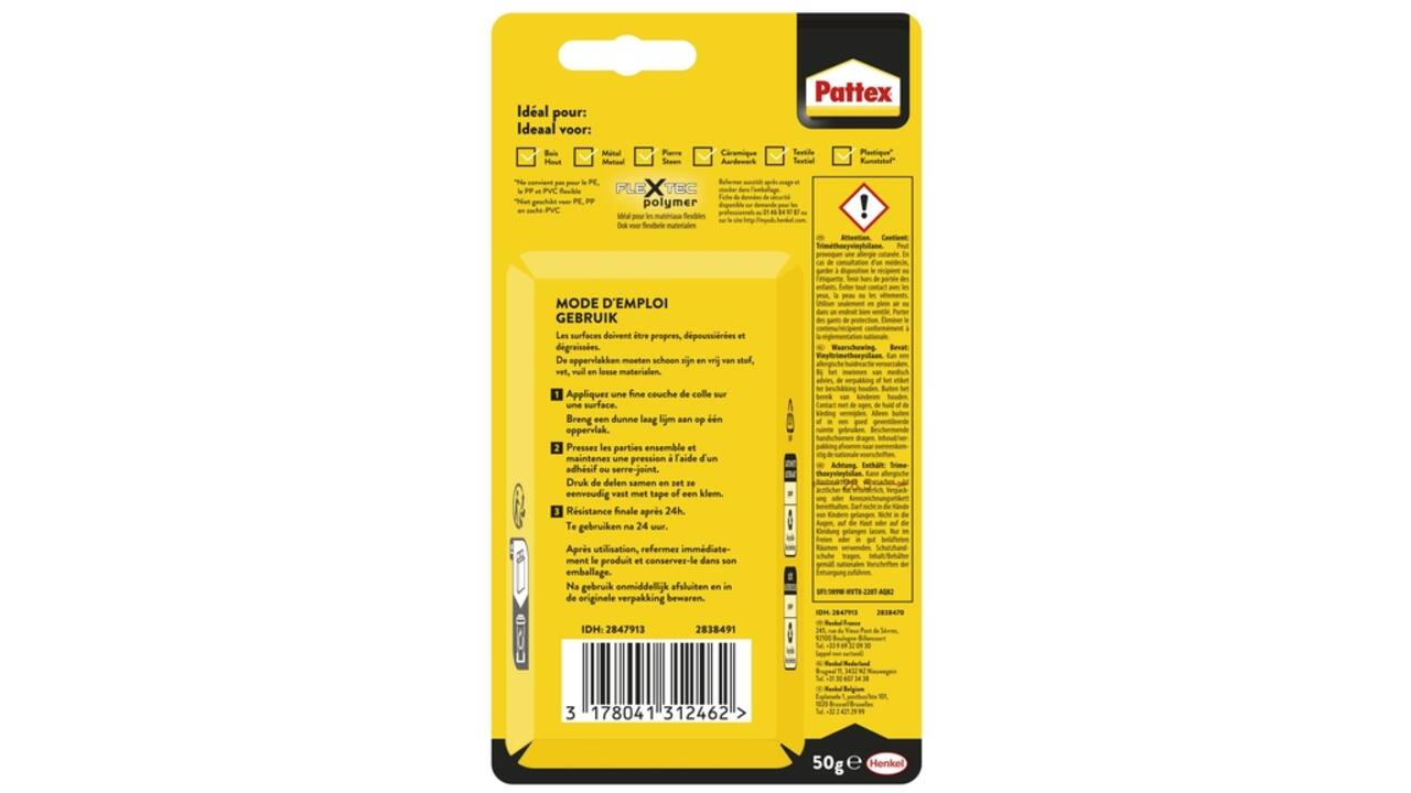 Lijm Pattex 100% tube 50gram op blister