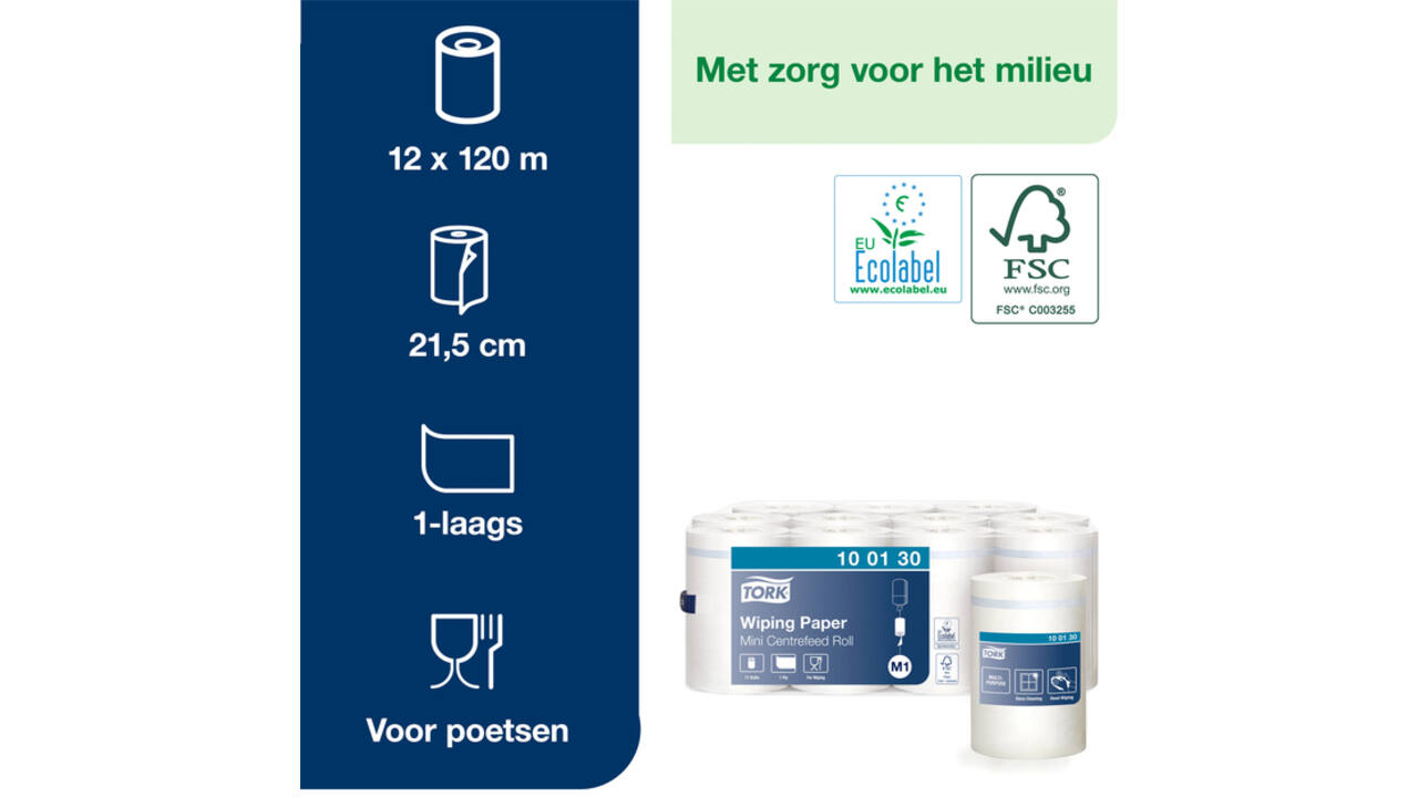 Poetspapier Tork Wiping mini rol M1 1 laags centerfeed wit 100130