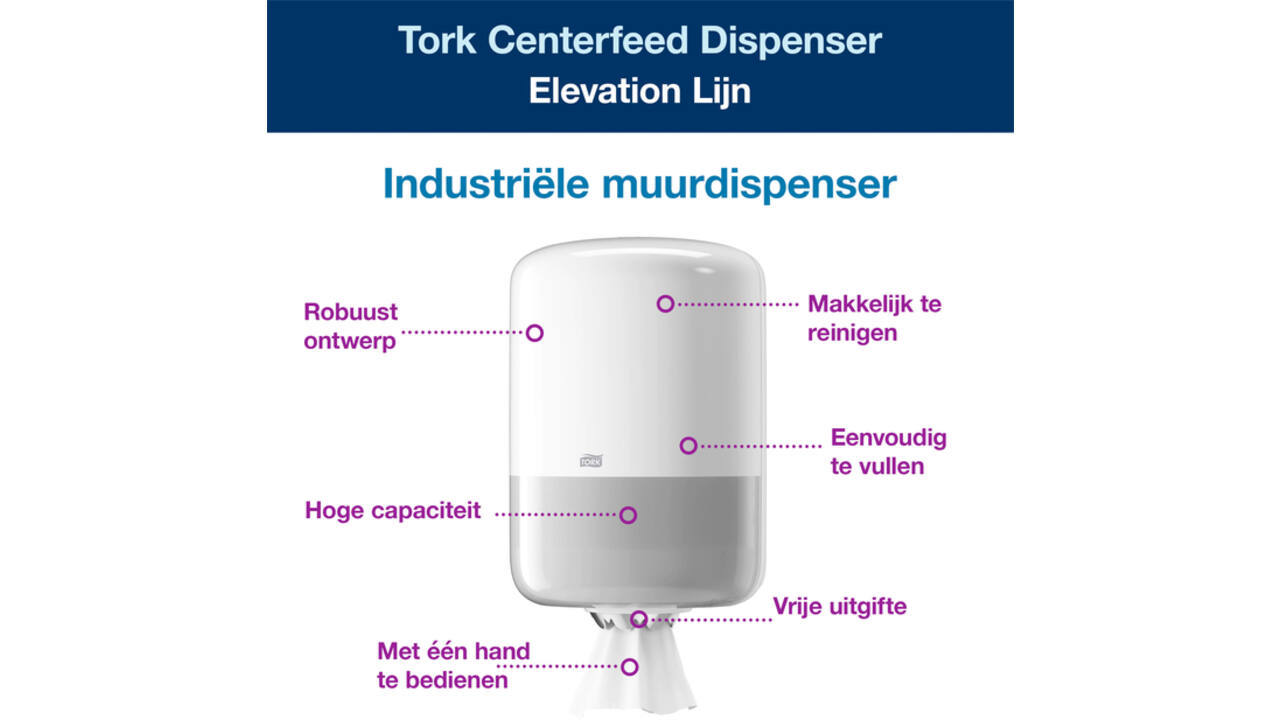Poetspapierdispenser Tork M2 Elevation wit 559000
