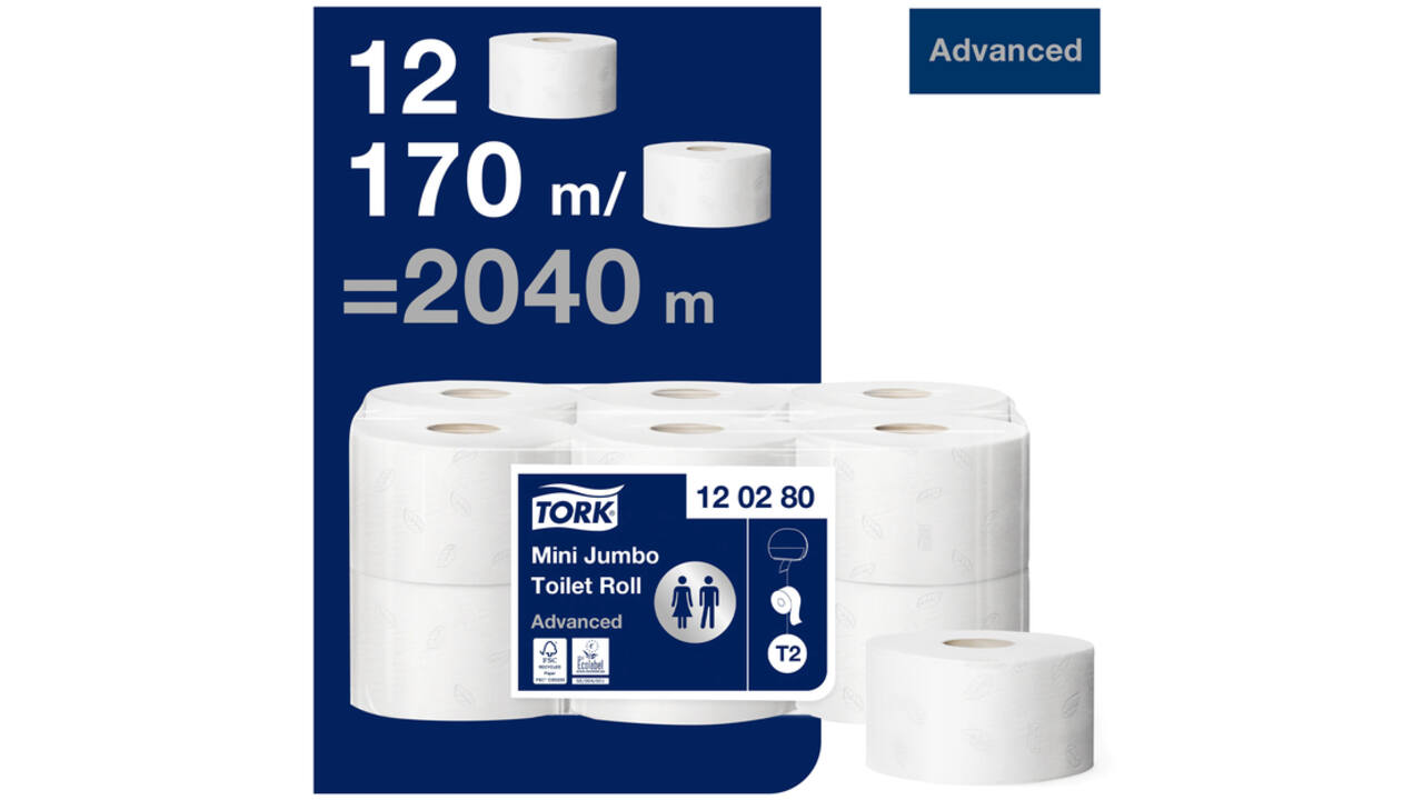 Toiletpapier Tork Mini Jumbo T2 advanced 2-laags 12 rollen wit 120280