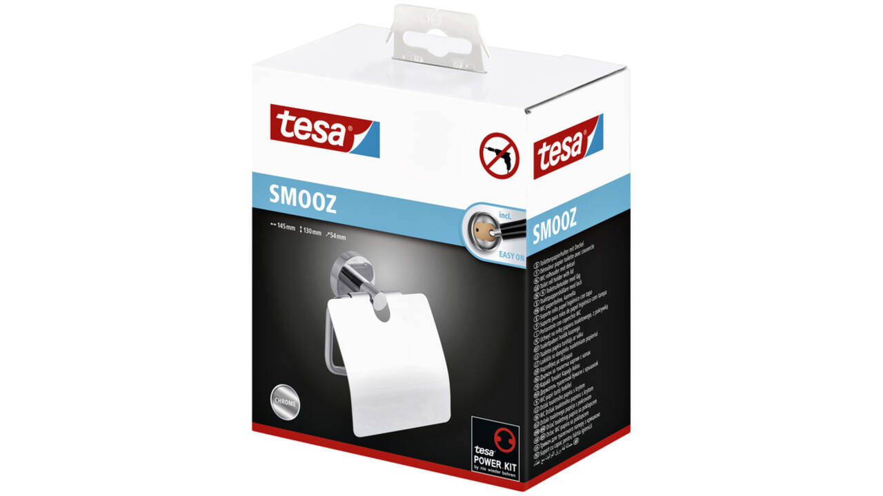 Toiletrolhouder met deksel tesa® Smooz hoogglans verchroomd metaal zelfklevend