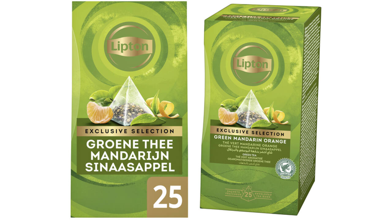 Thee Lipton Exclusive groene thee mandarijn sinaasappel 25 pramidezakjesx2gr