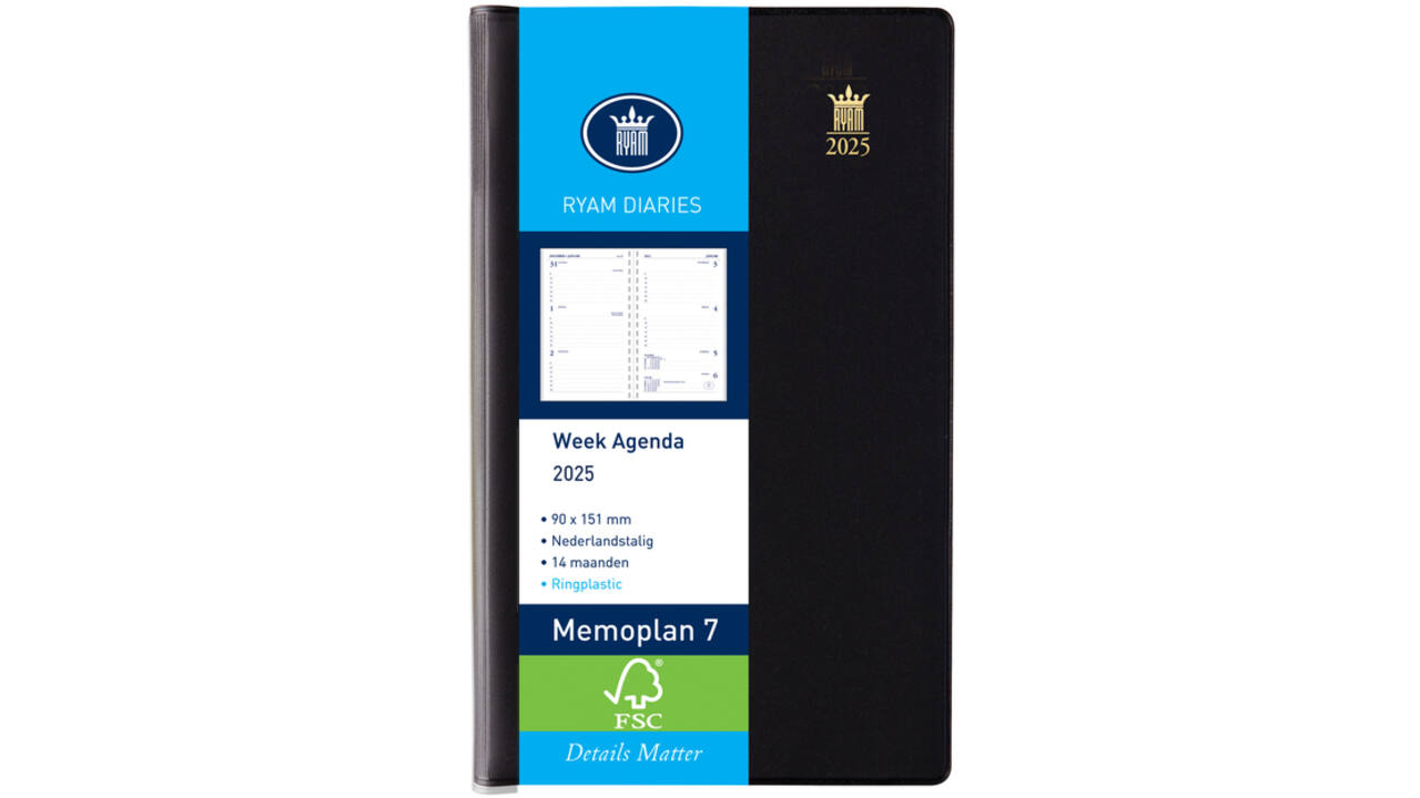 Agenda 2027 Ryam Memoplan 7 Suprema ringplastic 7dagen/2pagina's zwart