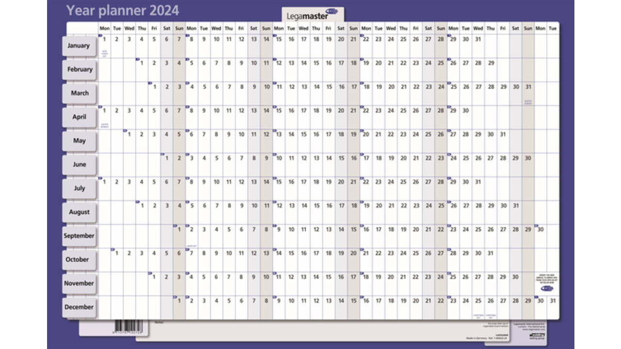 Jaarplanner 2027 Legamaster 90x60cm horizontaal gelamineerd en oprolbaar Engelstalig