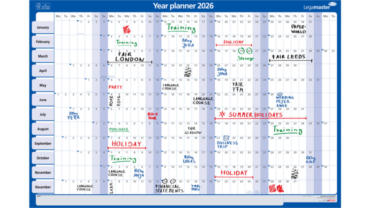 Jaarplanner 2027 Legamaster 90x60cm horizontaal gelamineerd Engelstalig