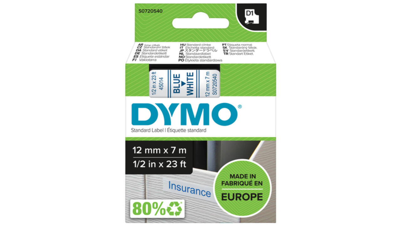 Labeltape Dymo LabelManager D1 polyester 12mm blauw op wit