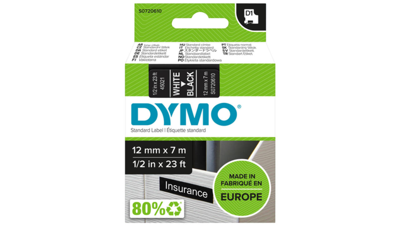 Labeltape Dymo LabelManager D1 polyester 12mm wit op zwart