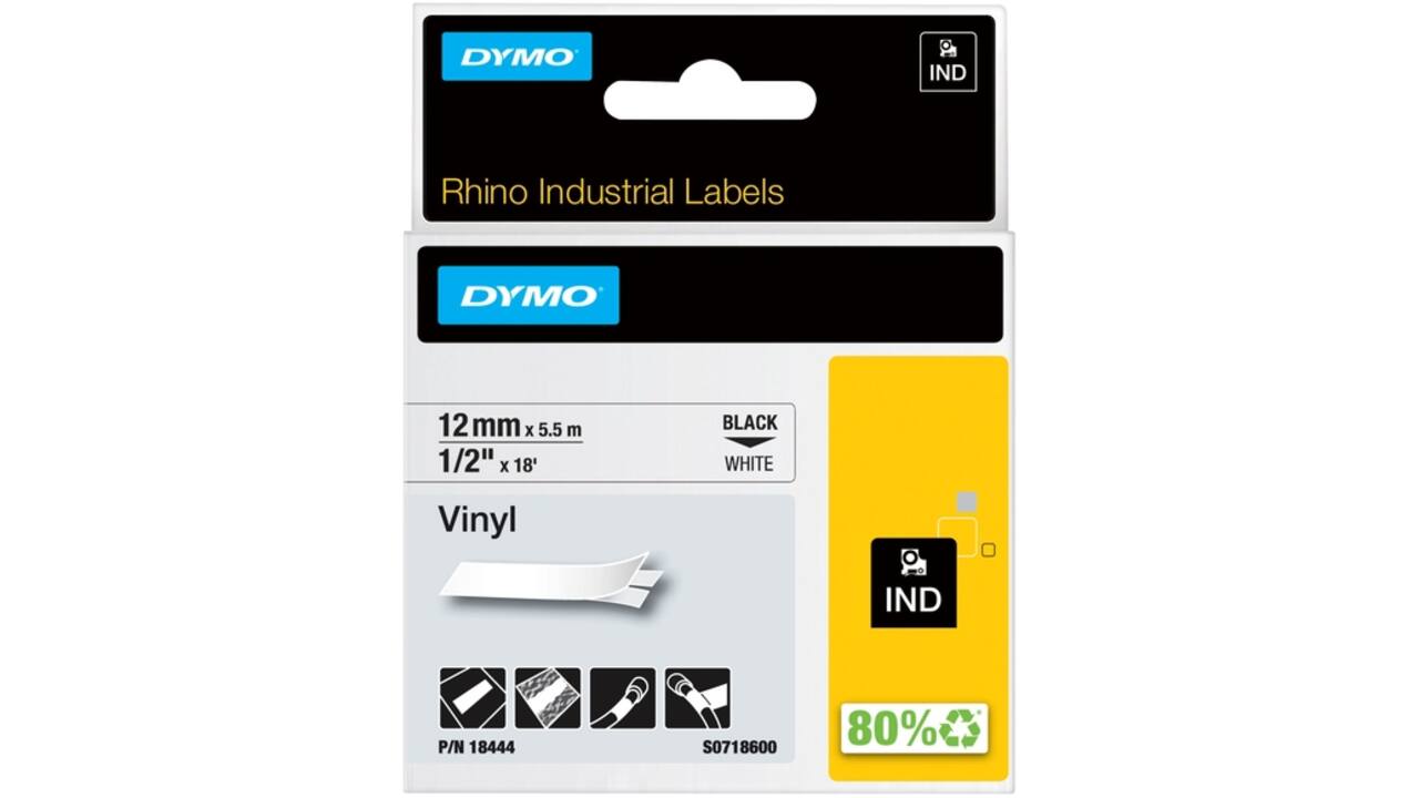 Labeltape Dymo Rhino industrieel vinyl 12mm zwart op wit