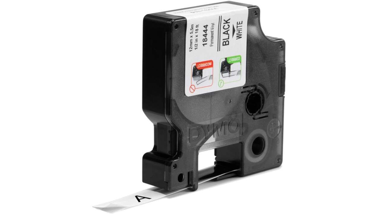 Labeltape Dymo Rhino industrieel vinyl 12mm zwart op wit