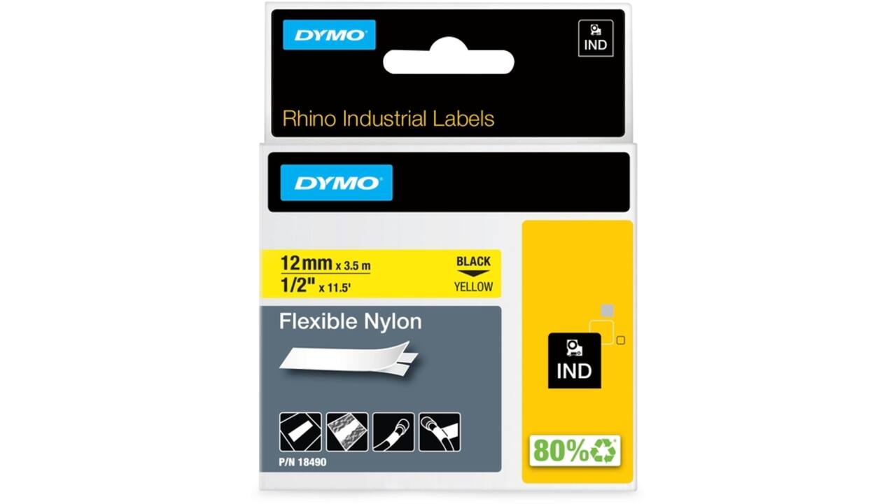 Labeltape Dymo Rhino industrieel nylon 12mm zwart op geel