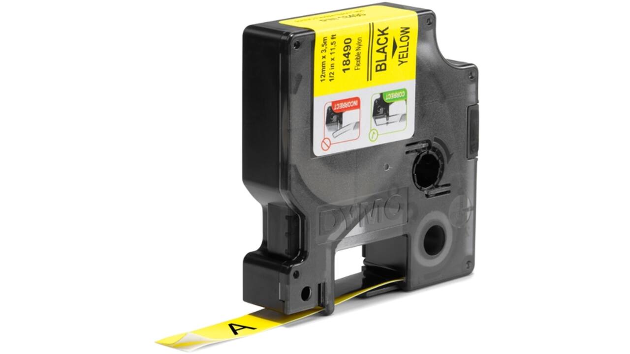 Labeltape Dymo Rhino industrieel nylon 12mm zwart op geel