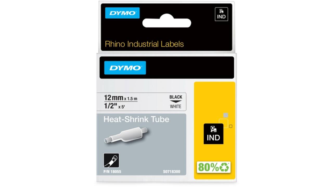 Labeltape Dymo Rhino industrieel krimpkous 12mm zwart op wit