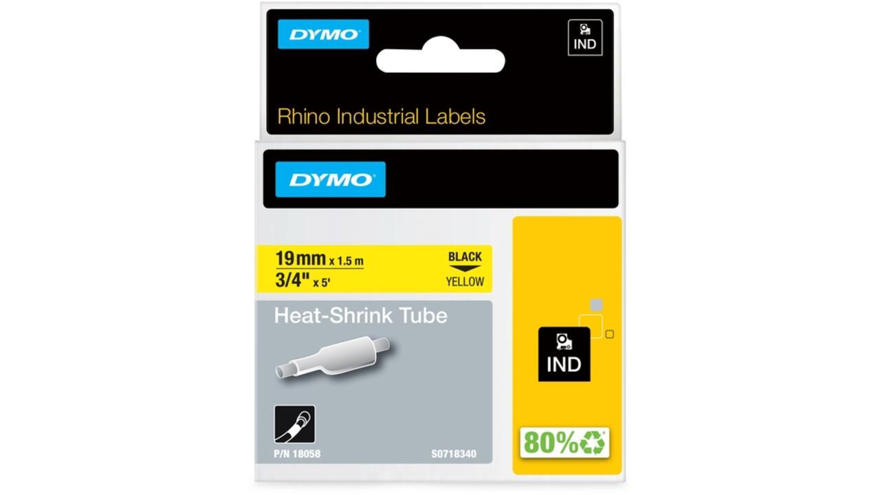 Labeltape Dymo Rhino industrieel krimpkous 19mm zwart op geel