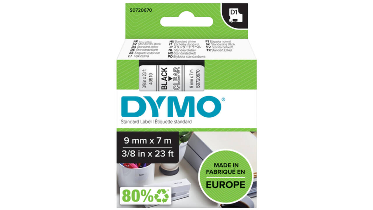 Labeltape Dymo LabelManager D1 polyester 9mm zwart op transparant