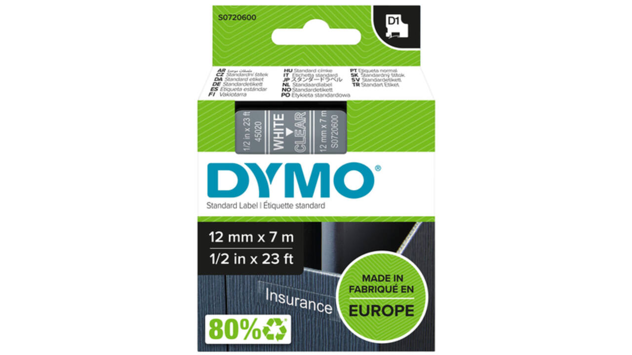 Labeltape Dymo LabelManager D1 polyester 12mm wit op transparant