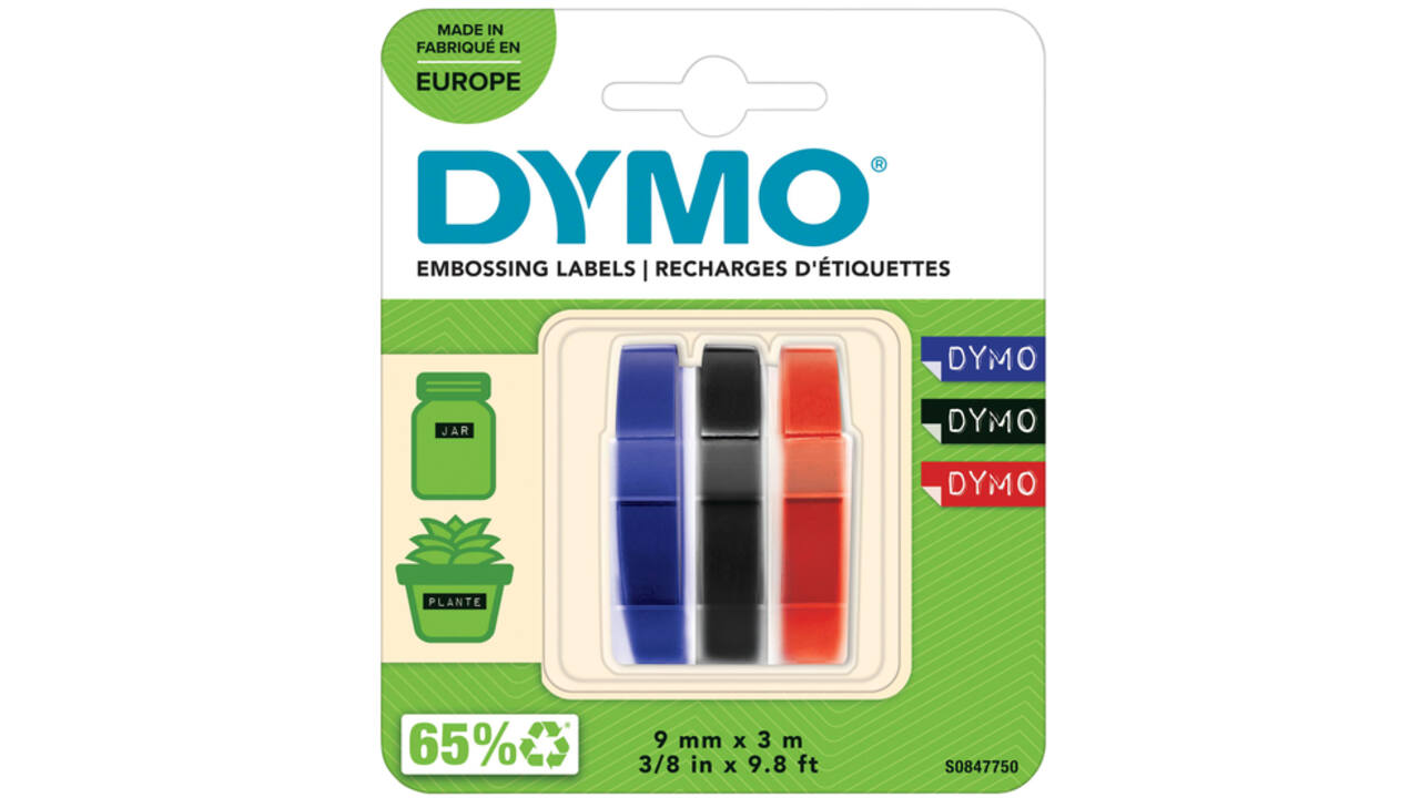 Reliëftape Dymo embossing vinyl 9mm assorti 3 stuks