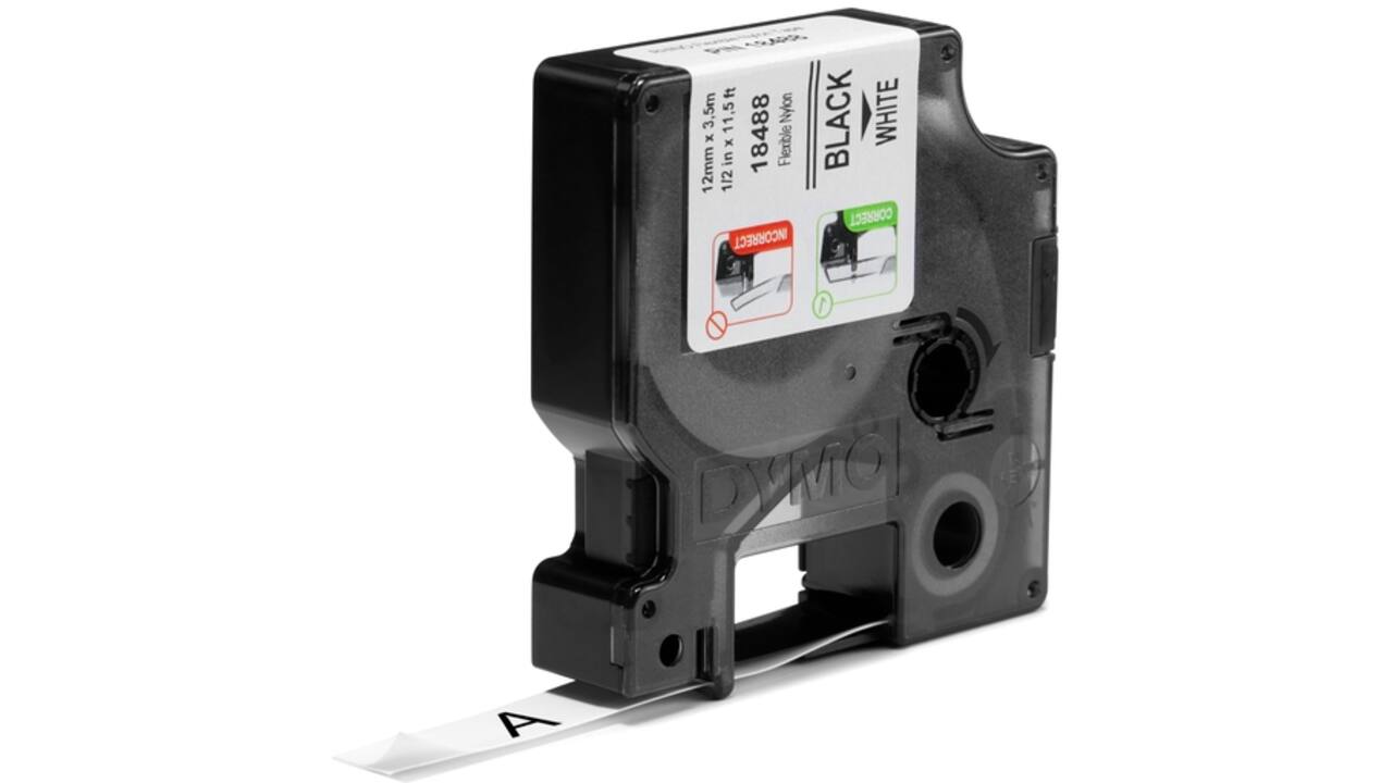 Labeltape Dymo Rhino industrieel nylon 12mm zwart op wit