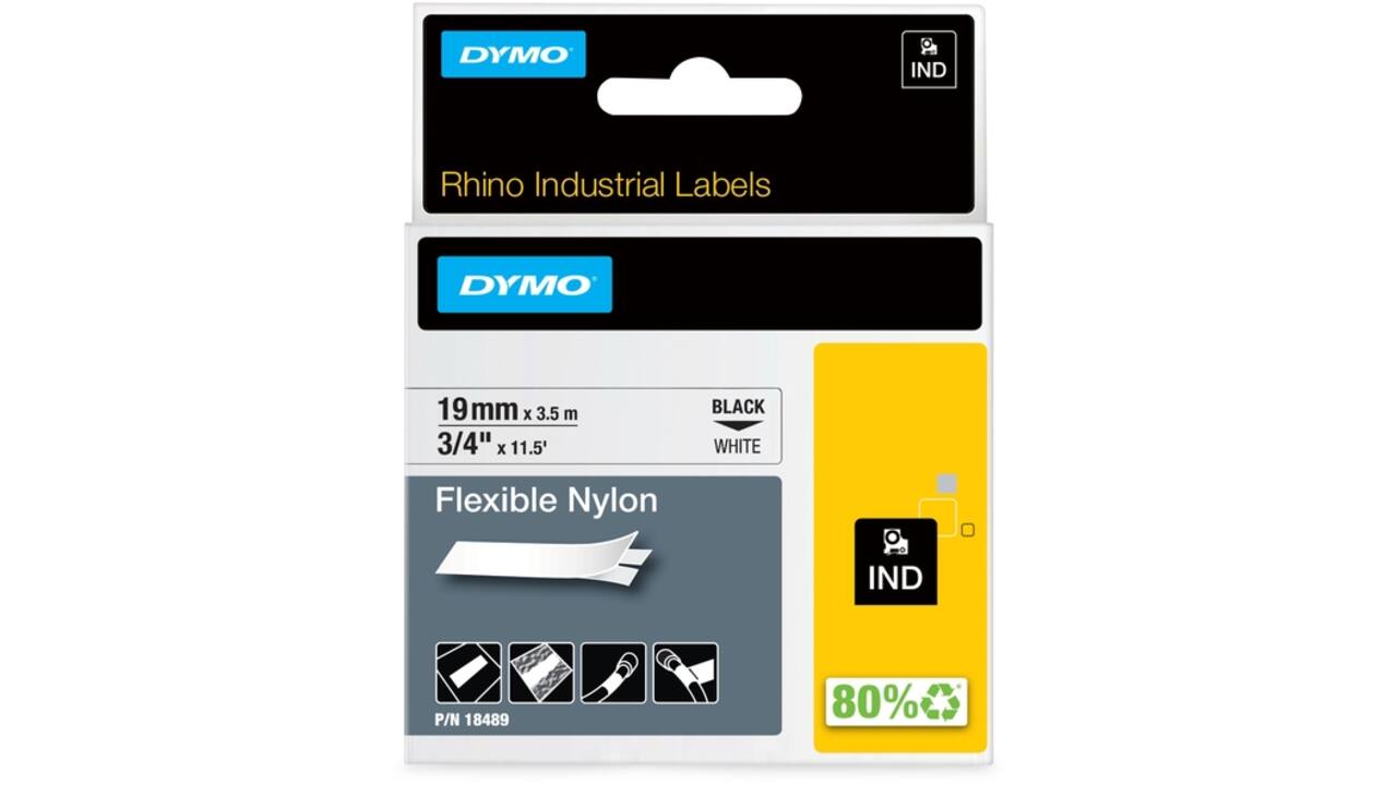 Labeltape Dymo Rhino industrieel nylon 19mm zwart op wit