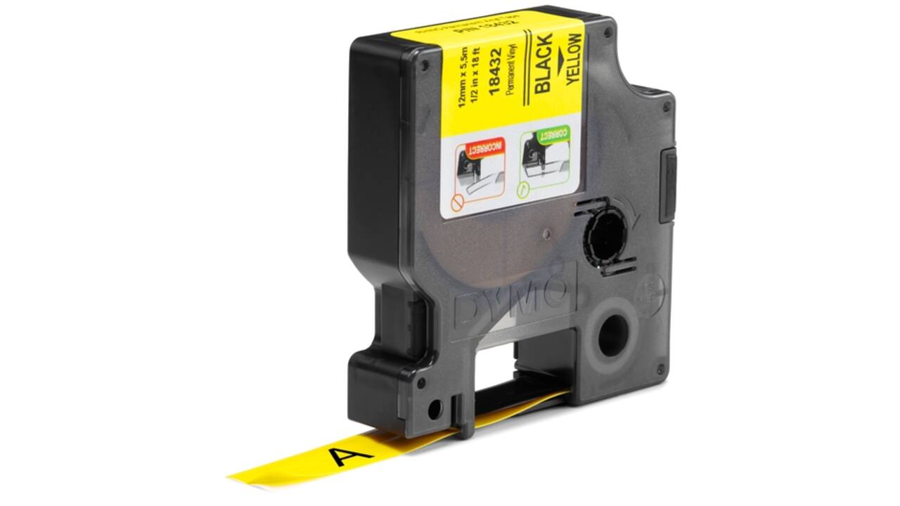 Labeltape Dymo Rhino industrieel vinyl 12mm zwart op geel