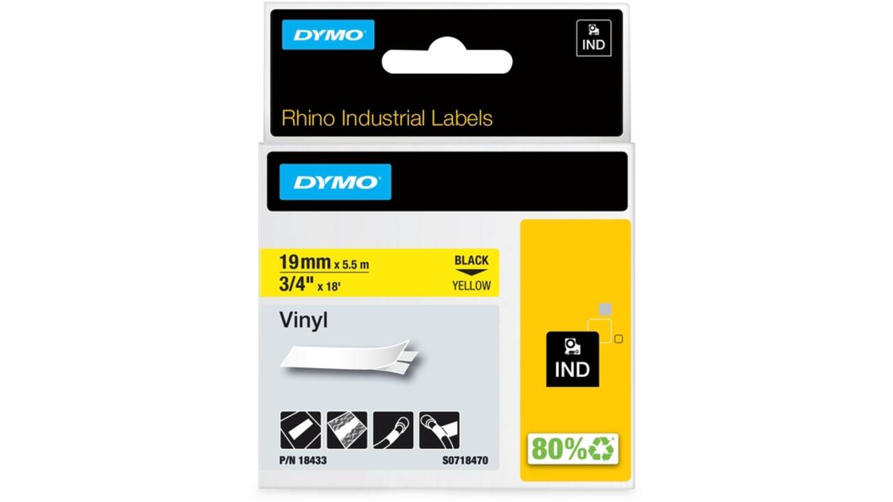 Labeltape Dymo Rhino industrieel vinyl 19mm zwart op geel