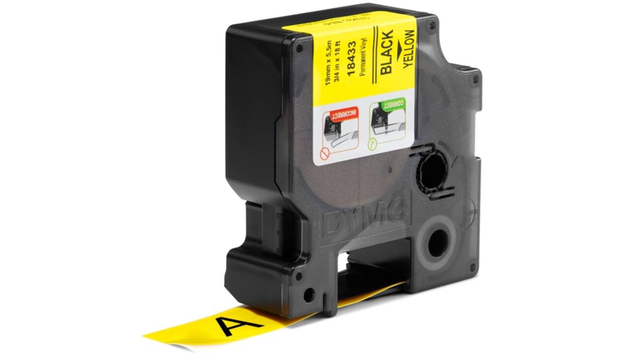 Labeltape Dymo Rhino industrieel vinyl 19mm zwart op geel
