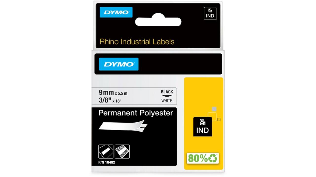 Labeltape Dymo Rhino industrieel polyester 9mm zwart op wit