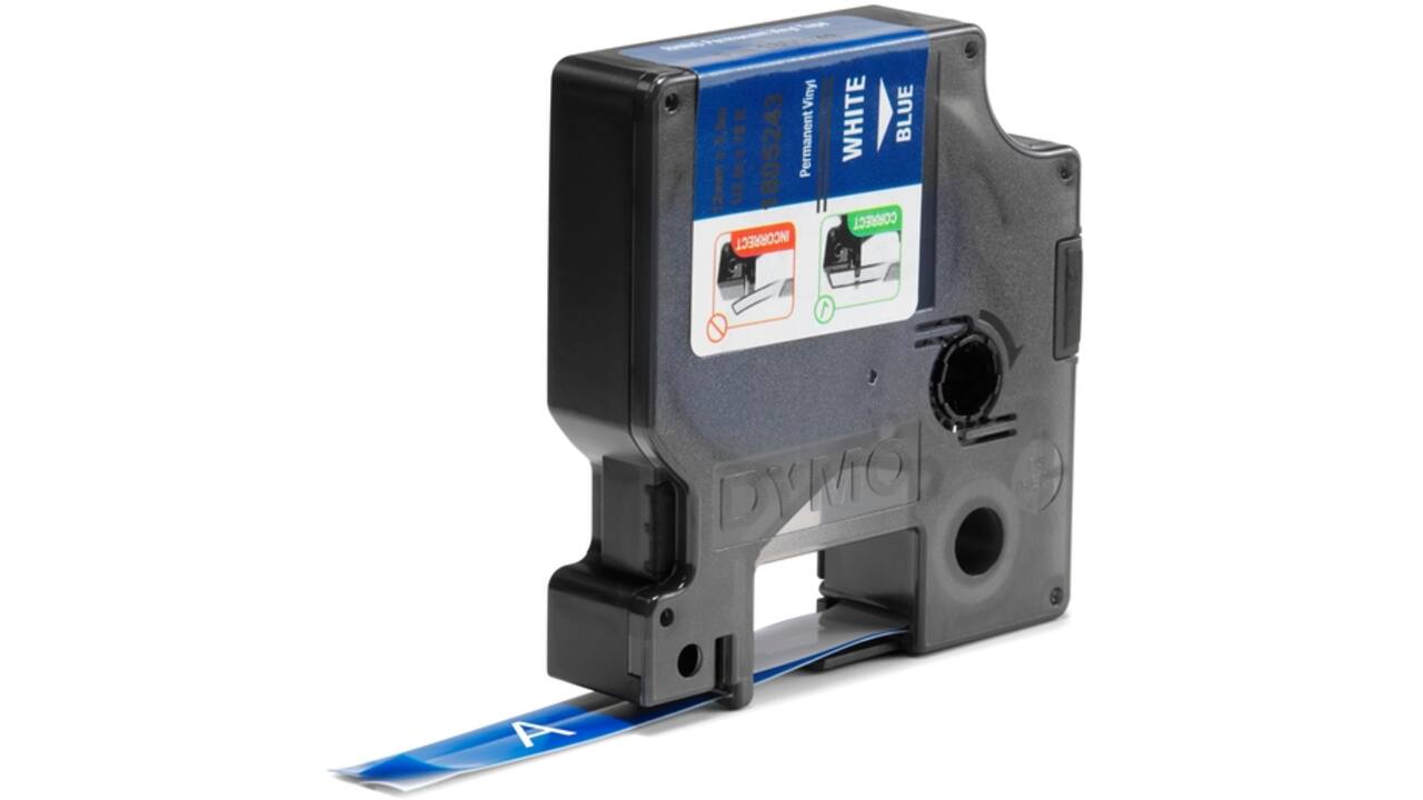 Labeltape Dymo Rhino industrieel vinyl 12mm wit op blauw
