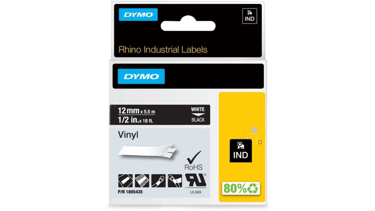 Labeltape Dymo Rhino industrieel vinyl 12mm wit op zwart